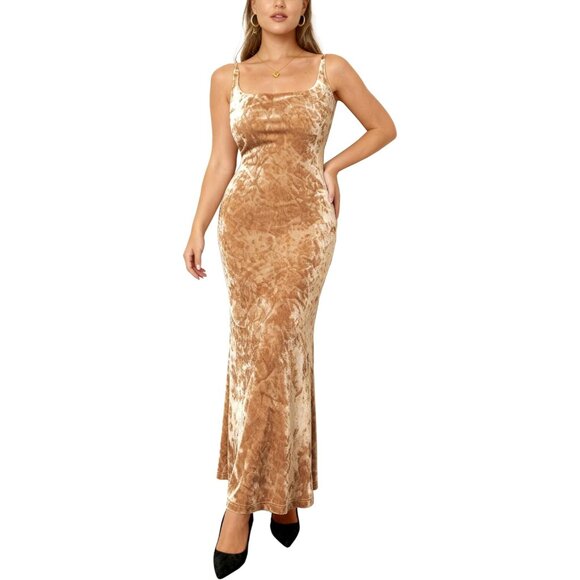 Chic Champagne Velvet Bodycon Maxi Dress with Spaghetti Straps for Parties
